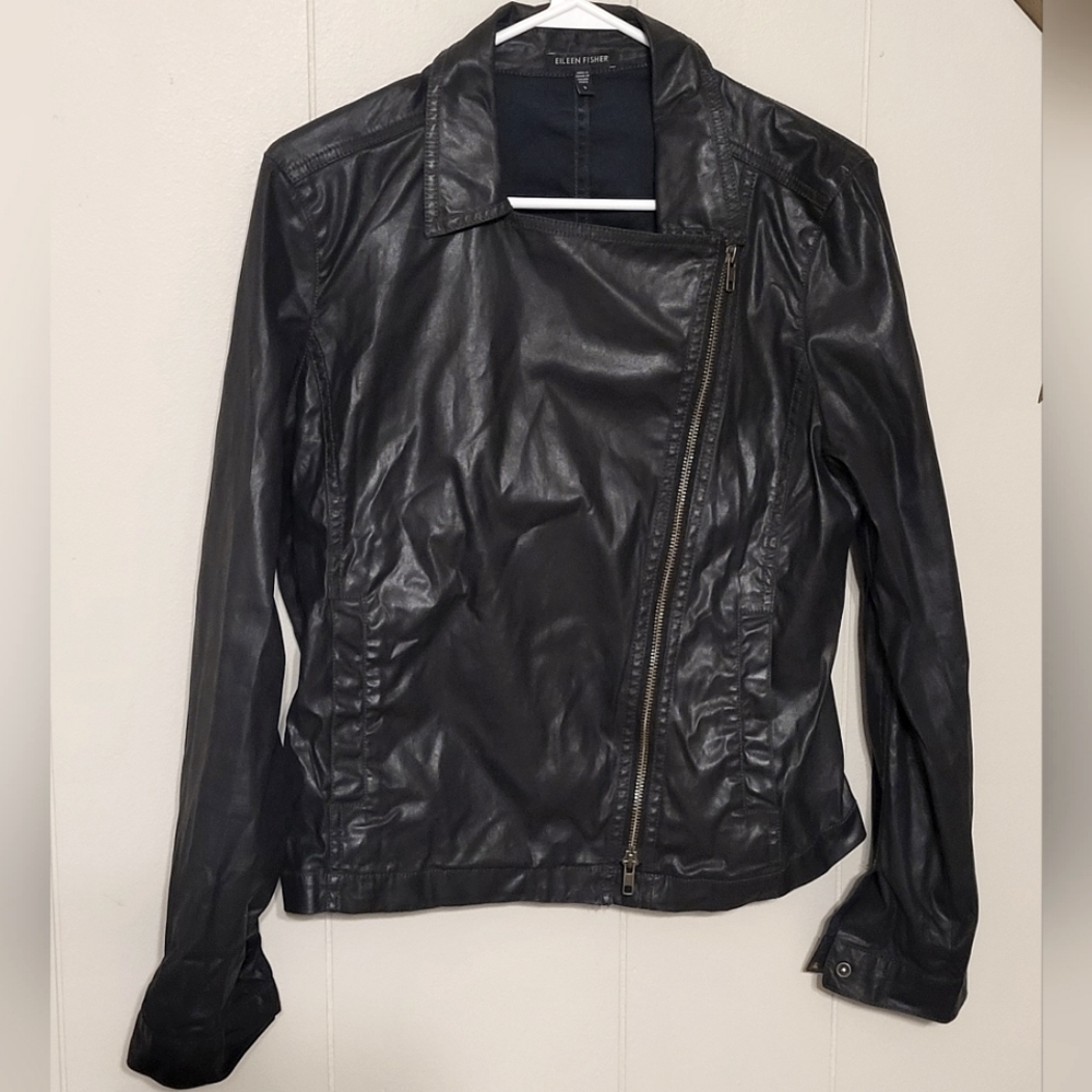 Eileen Fisher Black Moto Jacket waxed cotton size s